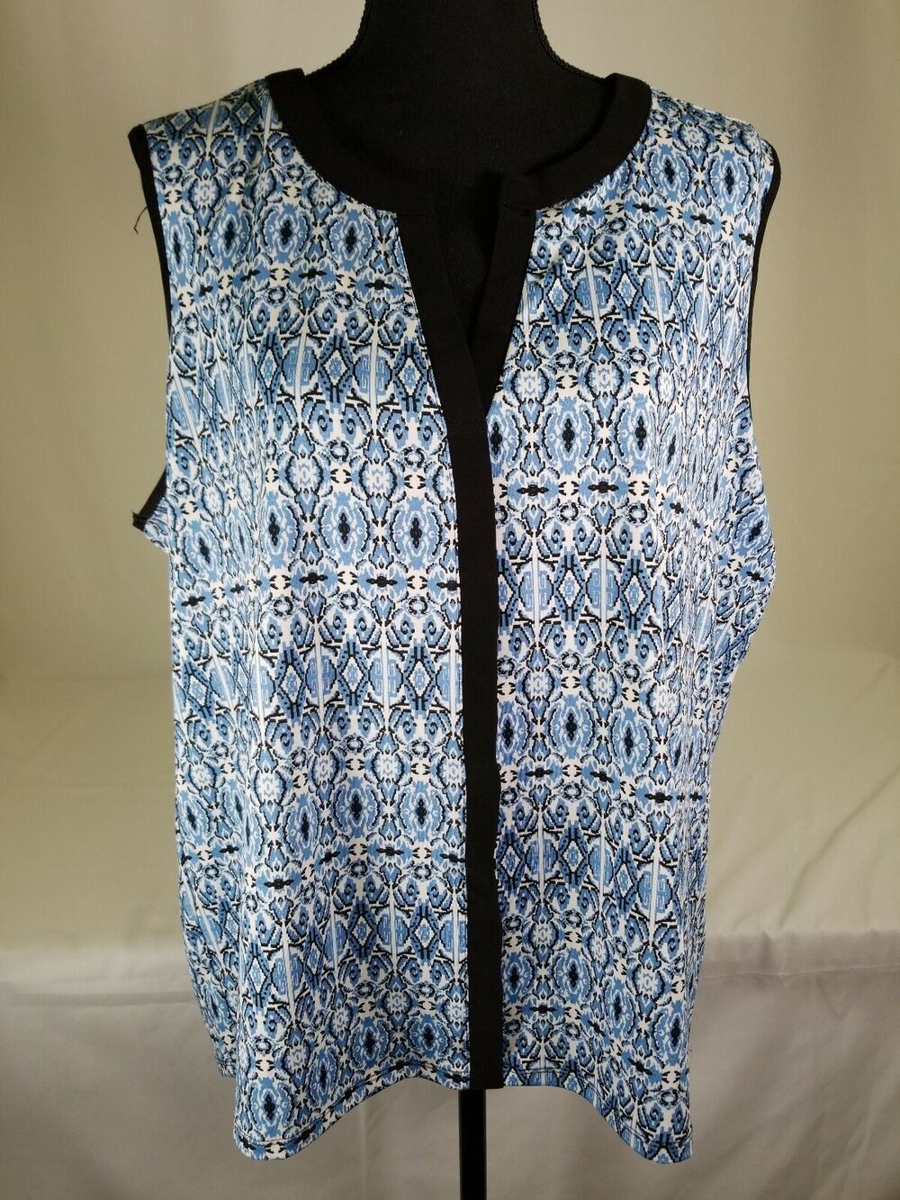 Bleeker & McDougal Womens Top Blue Ikat Print Black Trim Tank Shirt 1X Summer